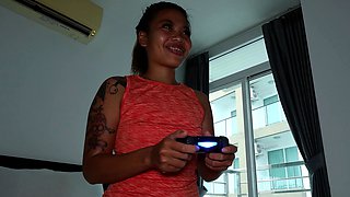 Cute amateur Thai gamer teen fucked hard