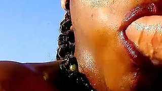 Ebony teen Nancy fucked by strangers on vacation on the beach