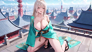 Emerald Kimono Queen! Languidly Sprawled on the Sun-drenched Bedroom Bed, She Gazes Back with a Sleepy Allure
