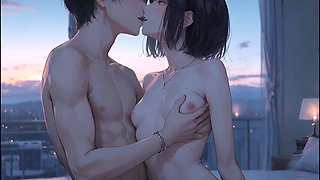 A Sensual Night Unfolds on the Top Floor of a Great-rise Apartment Building with a Beautiful Girl with Black Hair.