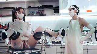 Pale blonde and tanned brunette lesbians toying and licking