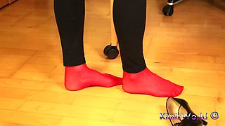 Peeptoe Dangling in Red Stockings & Black Leggings