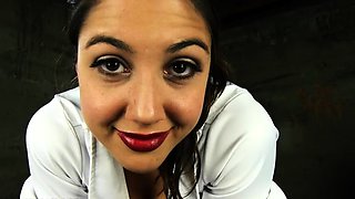 Busty curly brunette with big boobs fucks on couch