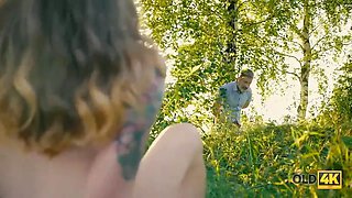 Old4k. hottie sucks senior dick and gets it in her tiny labia outdoors