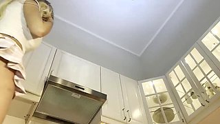 Super Hot Latina Gatita Veve Shows Off Big Tits in Backless Apron While Making Coffee