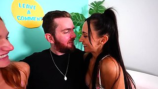 Busty curly brunette with big boobs fucks on couch