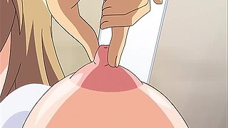 Blond bombshell's big juggs bounce in doggie while hentai-style cartoons get kinky