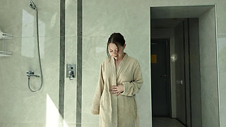Petite Rebecca Nikson with natural tits and masturbation in the shower
