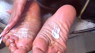 Two asian foot fetish school girl tease a cock