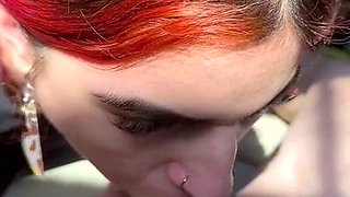Amateur redhead sucking cock and getting fucked in the car