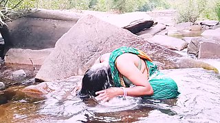 Silk Aunty Outdoor Bath Sex in Waterfall Telugu Dirty Talks.