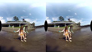 Fun At The Beach Before Threesome At The Onsen; Two Japanese Babes