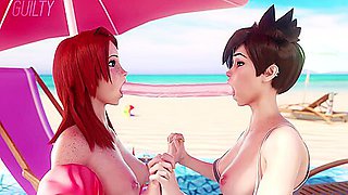 Anime Lesbians Sucking A Double-sided Dildo On The Beach
