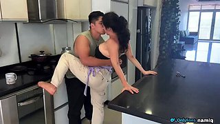 Latina stepmom gets rough throat fuck while drinking coffee - NamiQseiiin creampie & squirt