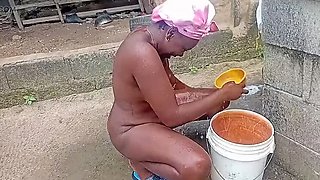 Sexy Black BBW Village Girl Outdoor Shower Twerking Saggy Tits