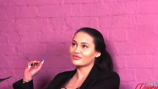Provocative brunette Jamie Knight strips to help a naked man cum
