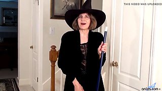 Hairy grandma masturbating with a broom