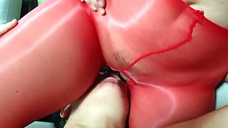 Lesbian Desire in Red Nylons - Strapon Toy & Sensual Kiss