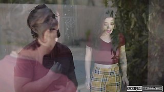 Petite brunette lets a stalker fuck her