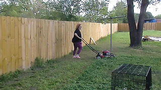 Nurse Vicki Mowing Grass dressed then topless