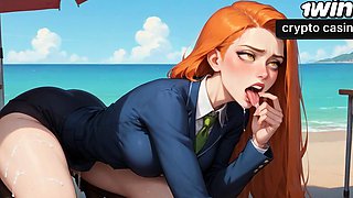 A sexy, hard-core beach honey is having an climax with