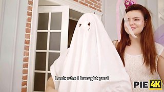 Sexy chicks in Halloween costumes get a creampie from lucky friend on Halloween night