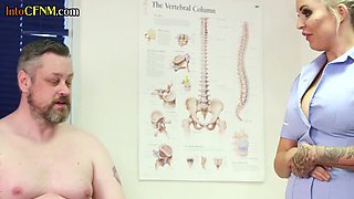 Femdom CFNM nurse babes jerk small cock dude in group