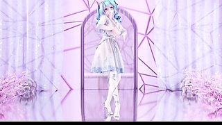 [mmd] Miku-queencard Elegant White Silk Dress Striptease with Big Breasts