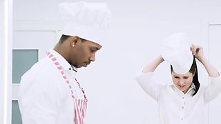 Brunette gives her black bbc chef a deep deep throat in
