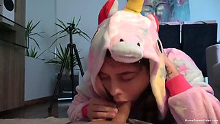 Sexy latina girl in unicorn pajama worships my cock with her mouth and gets fucked doggystyle