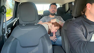 Couple Fucks in Uber Car During Traffic - Redhead Swallows Cum and Lets It Drip Out of Mouth