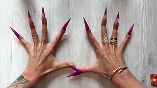 New Purple Color Long Nails, Sharp Stilettos, Palms and Long Fingers Wide