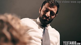 Curvaceous diminutive platinum-blonde COUGAR avoids getting fired by plowing her chief