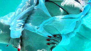 Red XXX feeling horny outside by the pool