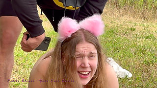 Girl Is Taken Out on a Leash by Master and Fuck Dildo in Pyssy with Anal Plug