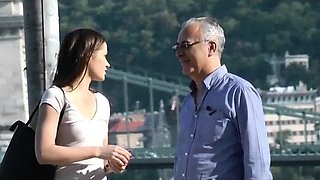 Old horny man seduces cute and sexy brunette Irina Bruni to