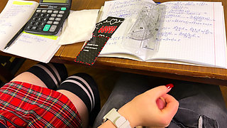 High Schoolgirl Stroking Him off in Math Class Under the Table. at College