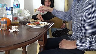 pregnant stepmother lets stepson masturbate and cum all over her
