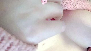 Busty curly brunette with big boobs fucks on couch