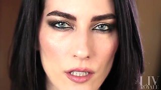 Nymph with dark hair and exotic make-up showcases off her tongue abilities for those with a hatch fetish