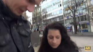 HUNT4K. Cameraman fucks comely brunette next to her grumpy cuckold