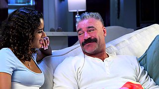 Latina teen stepdaughter comforts her cool old stepdad fully