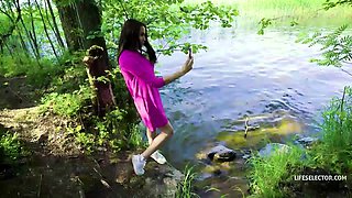 Amazing busty brunette slut doing blowjob outdoor