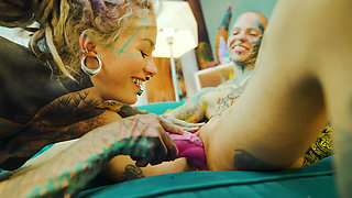 Tattooed Lesbian Toy Play Fingering and Pussy Licking