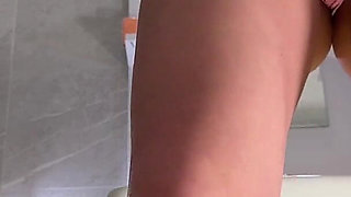 Big Ass Blonde Beauty Takes off Her Panties Braless in the Bathroom Flashes Her Tight Shaved Pussy