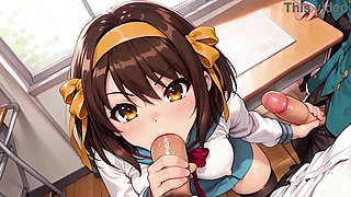 Haruhi Suzumiya (The Melancholy of Haruhi Suzumiya) 4on1 Gang-bang with Dual Foray in a College Classroom - AI Generation Assfuck
