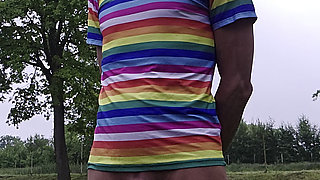 First pissing of the day beginns with a drop of sperm. Skinny boy pissing risky outdoor