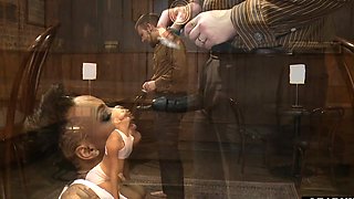 Strapon ebony babe blows her master