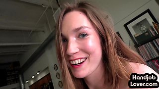 Skinny newbie beauty giving handjob