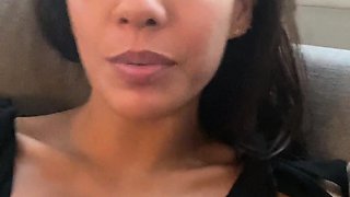 Busty curly brunette with big boobs fucks on couch